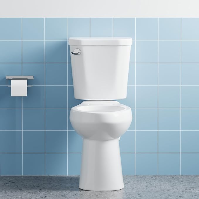 Two Piece Toilet, 19" Elongated ADA Comfort Height with Upgraded Flushing, Single Handle (Side Mounted), Includes Hardware (Seat Not Included), White, 12" Rough-in
