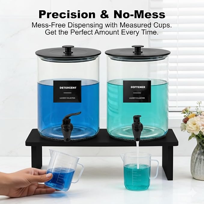 Glass Laundry Detergent Dispenser for Laundry Room Organization-Black | 1 Gallon Large Liquid Soap Dispenser with Black Metal Lid & Leak-Proof Spigot, 1 Measured Cups, 1 Silicone Mats & 9 Labels