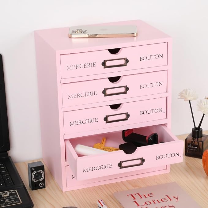 Wooden Storage Box with 5 Drawers Apothecary Vintage Wood Desktop Organizer Countertop Library Card Catalog Cabinet (Pink)