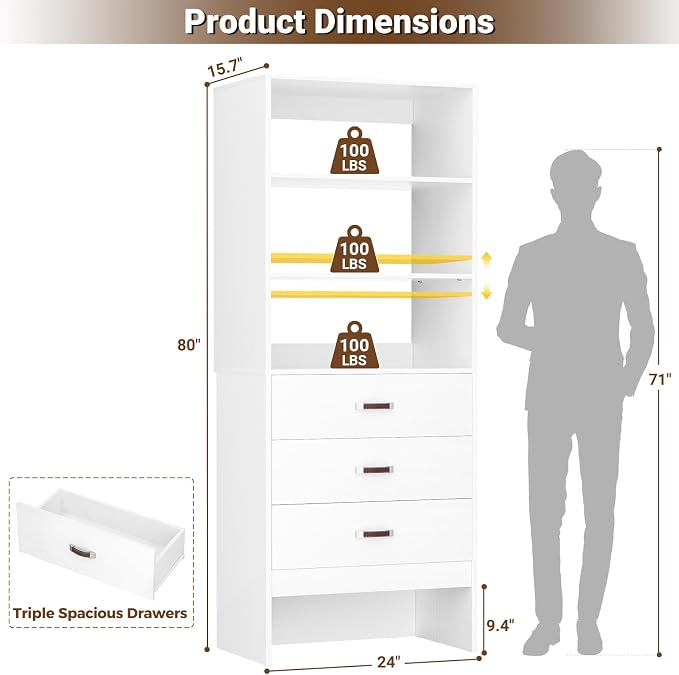 Armocity Freestanding 2FT Closet System with Leather Handles, 24" Walk-in Closets Storage Unit with Cabinet, Wood Wardrobe Closet Organizer and Storage with 3 Drawers for Small Space, Laundry, White