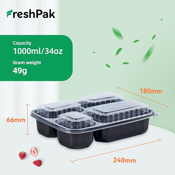40 Pack 34oz Meal Prep Containers - Shrink Wrapped Ready To Use | 4-Compartment Leak-Resistant | Shatterproof Flexible PP | BPA Free Microwave Safe, Leftover & Catering To-Go Boxes