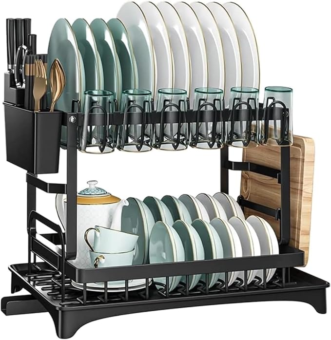 2 Tier Dish Drying Rack Stainless Steel with Auto Drainboard 360° Swivel Spout Large Capacity Kitchen Counter Organizer with Utensil Holder Cup Rack Knife Block Space Saving Black