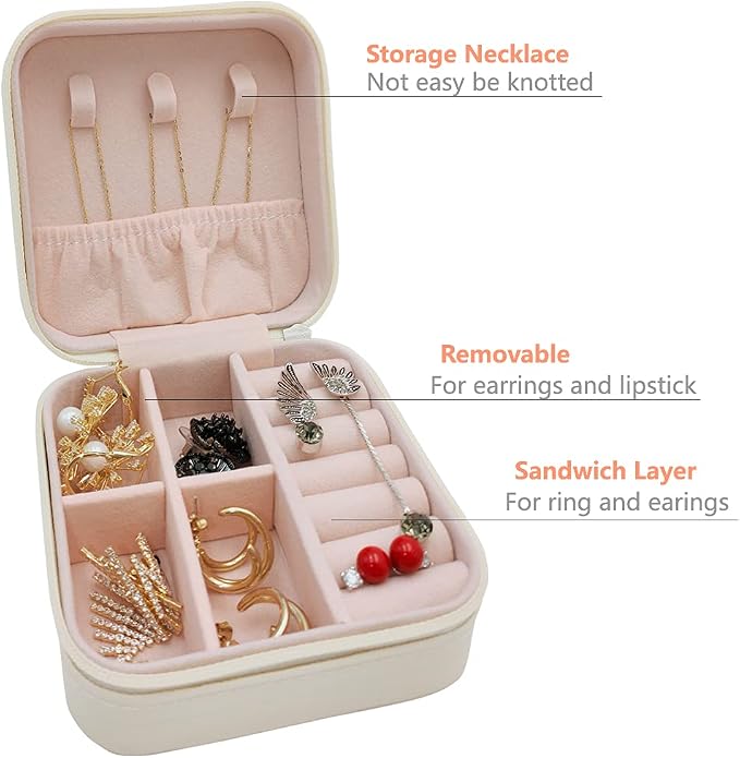 TRODANCE Mini Jewelry Case, Small Travel Jewelry Organizer, Portable Jewelry Box Storage Display Box For Rings, Earrings, Necklaces (White-4)