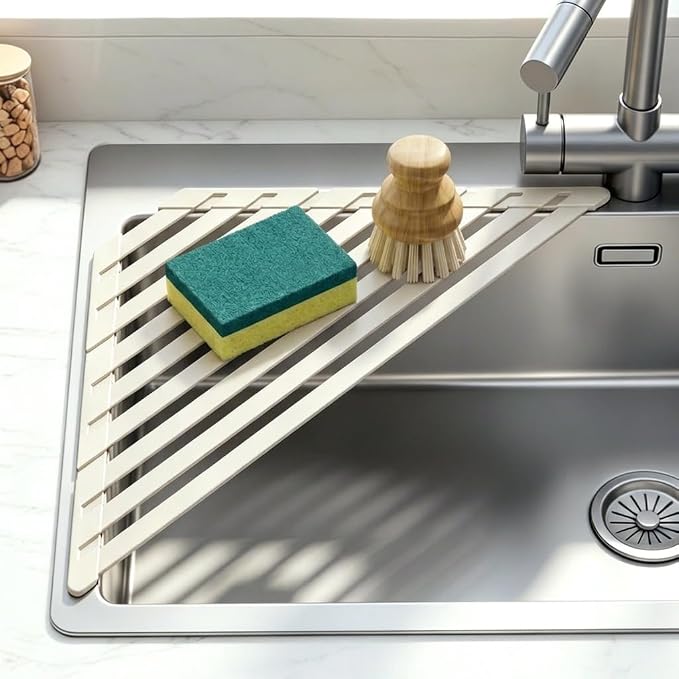 Sink Corner Drying Rack - Foldable Triangular Sink Sponge Holder, Dish Drying Rack Over the Sink, Kitchen Sink Accessories (White, 19.69" x 12.2")