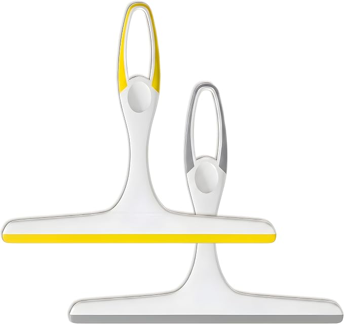 2 Pack Shower Squeegee for Glass Doors – 9.5” Silicone Blade Window Cleaner Tool (Grey & Yellow) – Bathroom, Car Windshield, Mirror & Tile Cleaning Wiper with Hook – Lightweight Ergonomic Handle