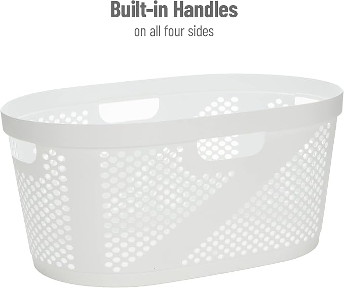 Mind Reader 40L Ventilated Laundry Baskets, Lightweight Clothes Hamper with Cutout Handles for Bathrooms and Closets, Plastic, Set of 2, White