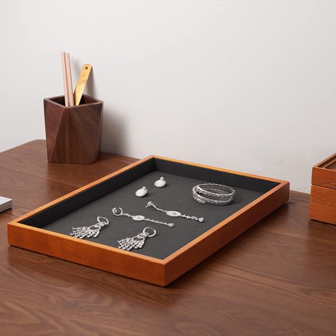 Oirlv Wood Flat Jewelry Tray Stackable Jewelry Drawer Organizer Showcase Jewelry Holder(Grey) | Stackable Design,For Necklaces Bracelets and Watches Organizing and Presentinge Legantly on Dressers&in Dresser&Vendors