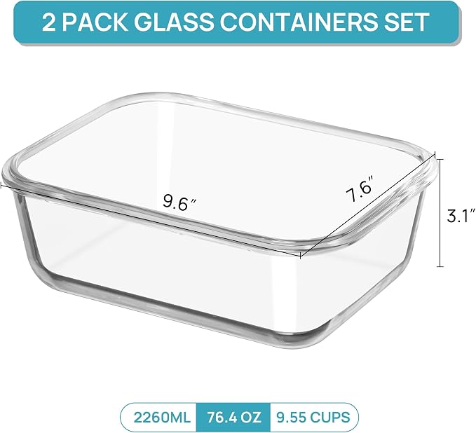 Vtopmart 2Pack 2260ml/ 76.4oz Large Glass Storage Containers with Lids, Meal Prep Food Container Set with Snap Airtight Lid for Baking, Microwave, Oven, Leak Proof, for Freezer, Dishwasher, Blue
