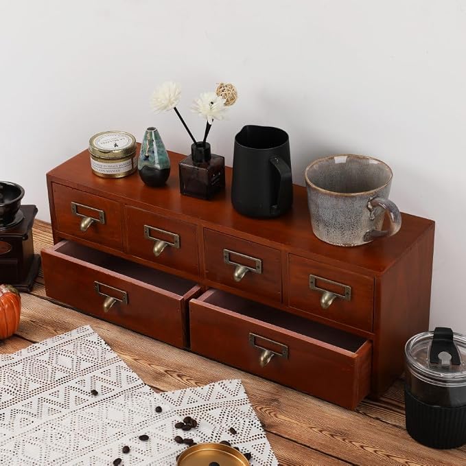 Apothecary Drawers Wooden Storage Box with 6 Drawers Vintage Countertop Wooden Drawers Apothecary Cabinet Library Card Catalog Cabinet （BROWN）