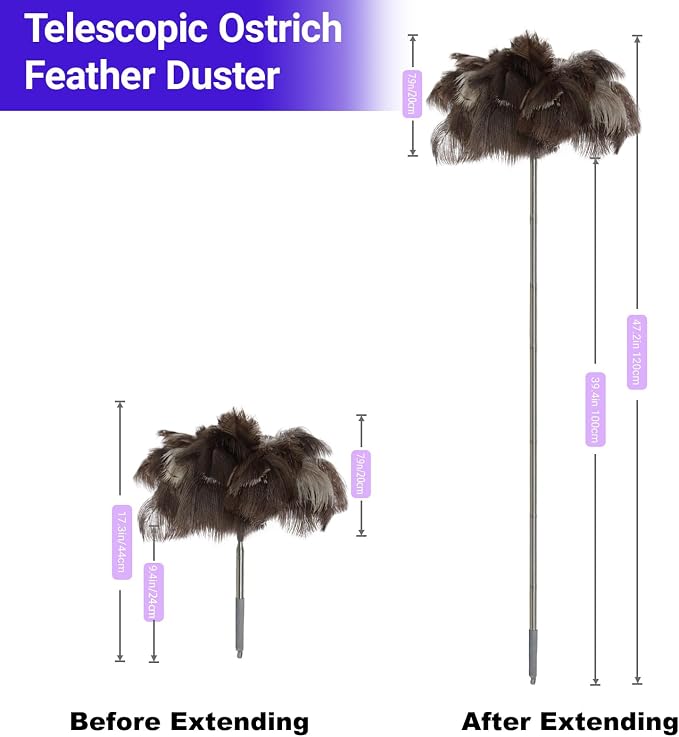 NCEDN Genuine Ostrich Feather Duster 40 Inches - Extendable Stainless Steel Handle, 8 Inches Long Thick Feathers, Telescopic Duster for Ceiling Fans, Blinds, Furniture, Car, Washable