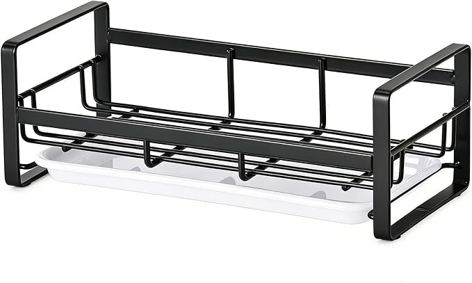 HULISEN Large Sponge Holder, 304 Stainless Steel Kitchen Soap Dispenser Caddy Organizer, Countertop Soap Dish Rack Drainer with Removable Drain Tray, not Including Dispenser and Brush, Black