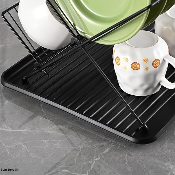 Black Foldable Double-Tier Dish Rack Large-Capacity Expandable Dish Rack, Rust-Proof Dish Rack, Draining Tray Suitable for Kitchen Worktops (Black)