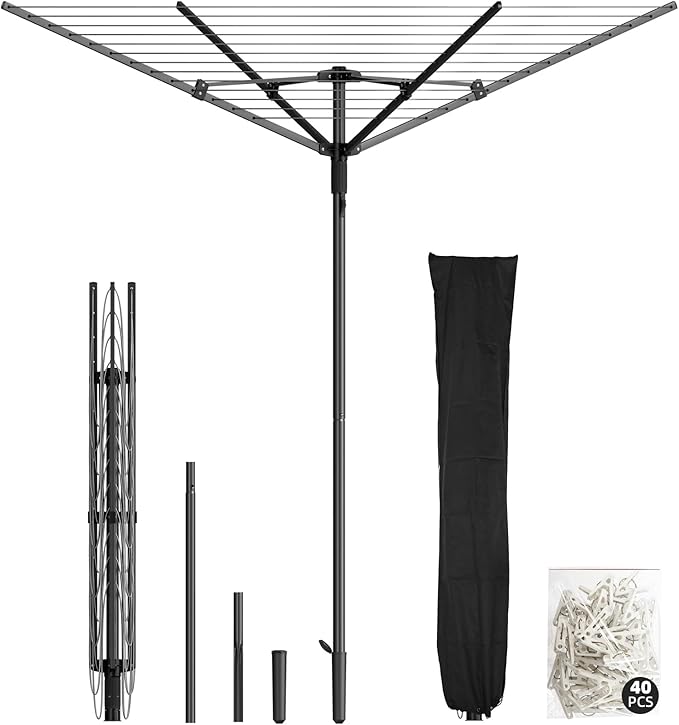 Heavy Duty Outdoor Umbrella Drying Rack, Rotating Height Adjustable Clothesline for Large Blankets & Sheets, Perfect for Backyard Balcony Camping RV, Black
