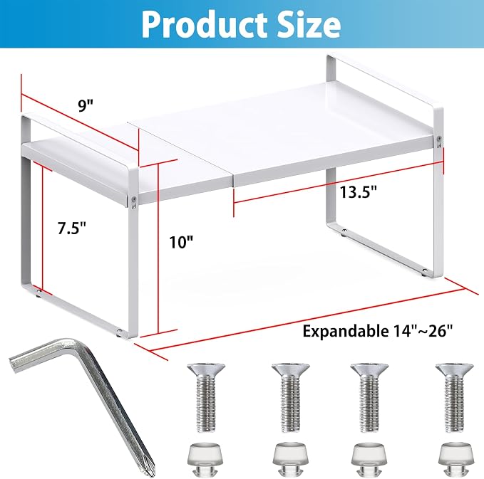 Expandable Shelf for Cabinet, 9" Deep Kitchen Cabinet Organizer, 1 Pack | Adjustable 14-26", Heavy Duty Metal Countertop Riser for Under Sink and Kitchen Cupboard Storage, 55 Lbs Anti-Sag, White