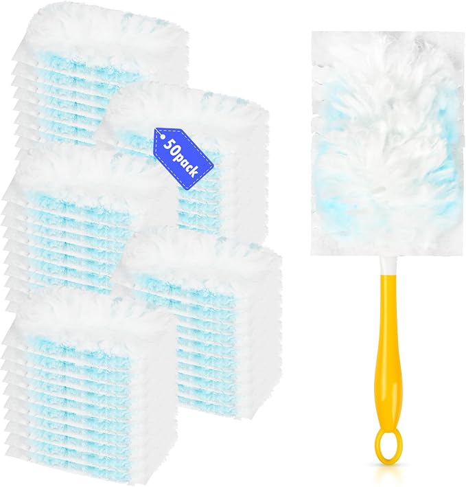 50 Count Duster Refills Compatible with Swiffer Duster Handles, 1 Handle | Dense Microfiber, Dust Lint and Pet Hair Pickup, For Blinds Shelves Fans Electronics and Car Interiors