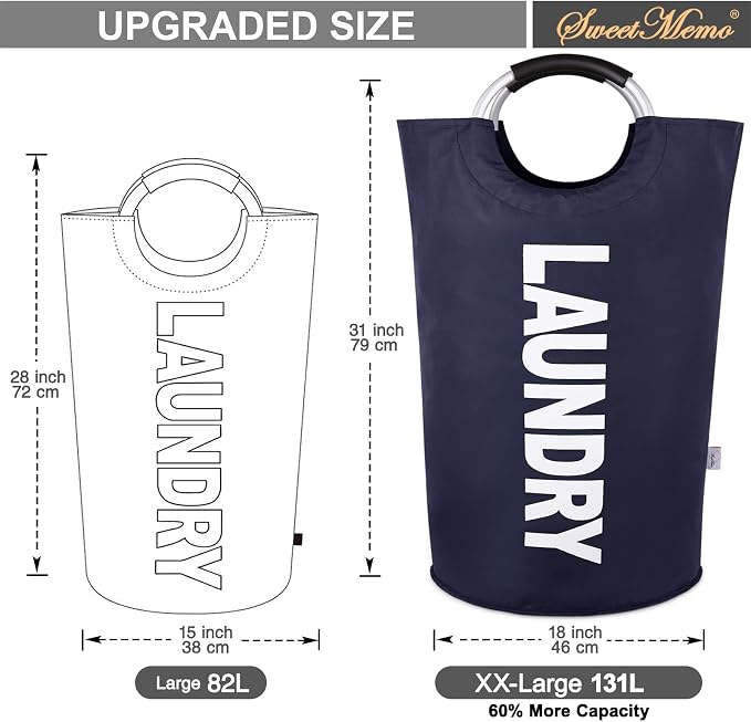 Extra Large Laundry Basket, Big Laundry Hamper Bag, Handles, 130L Navy Blue | Freestanding Tall Dirty Clothes Hamper, Collapsible and Portable Laundry Bin for Dorms and Bedrooms, Thick, Sturdy Fabric