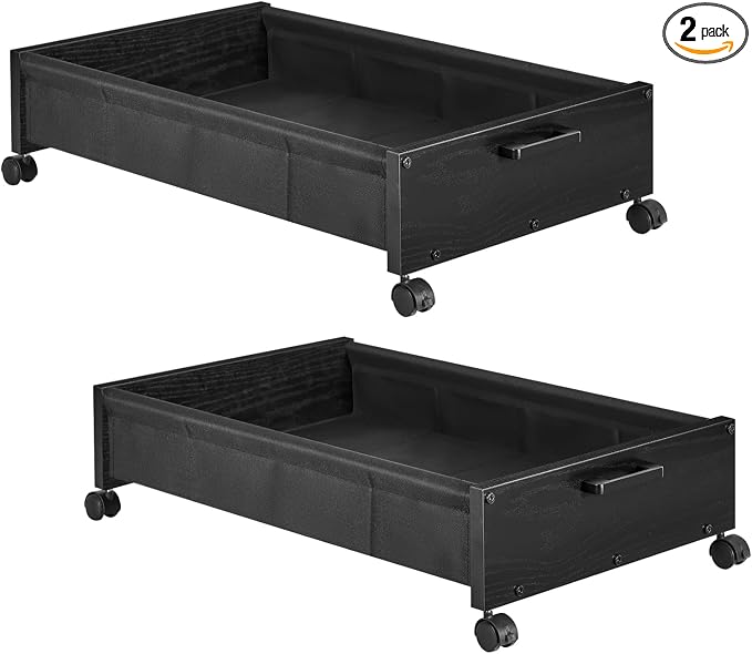 FOUCSSOMEI Under Bed Storage with Wheels, Wooden Under Bed Drawers On Wheels, Rolling Under Bed Shoe Storage, Space Saving, Black,30L