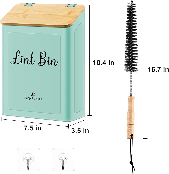 Magnetic Lint Bin for Laundry Room Organization and Storage,Light Green | Wall Mounted Metal Lint Box Holder Trash Can with Bamboo Lid for Dryer,Lint Basket for Laundry Room Decor