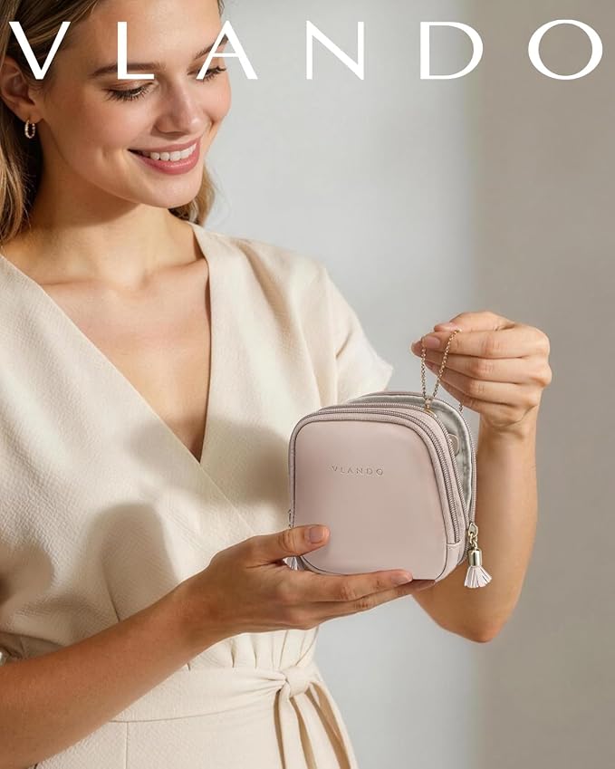 VLANDO 2-Layer Travel Jewelry Organizer for Rings,Earrings,Necklaces | Soft Velvet-Lined Storage with Divided Sections,Giftable Organizer for Summer Trips,Bridesmaids,Daily Use, Apricot Pink
