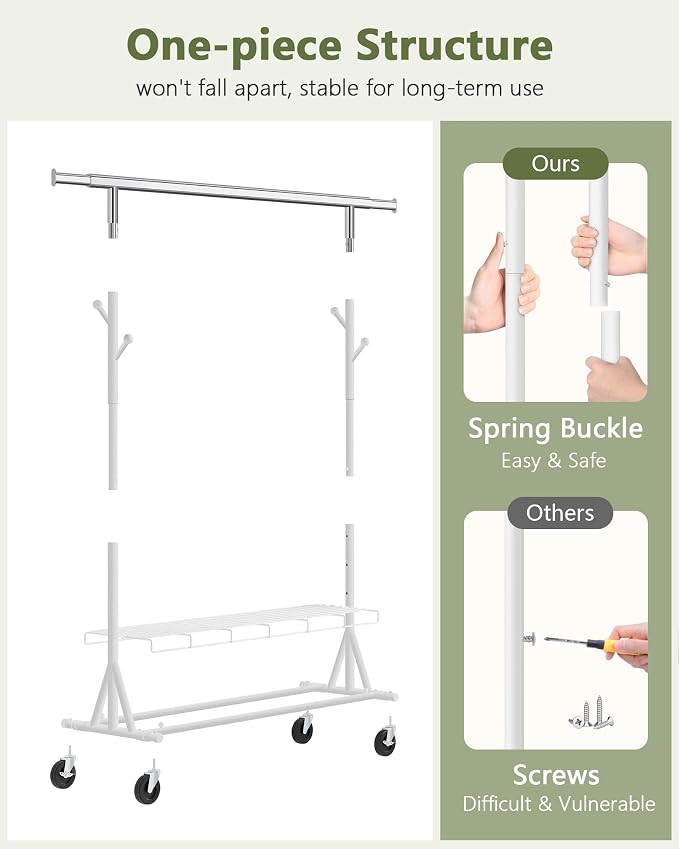 Hoctieon 1-Minute Assembly Clothes Rack, 480 lbs Heavy Duty Rolling Clothing Racks with Wheels, Foldable Garment Rack, Extendable Hanging Bar, Adjustable Metal Pole with Hooks, White