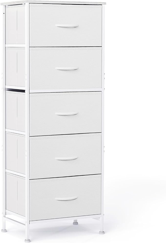 Sweetcrispy White Storage Drawer Bedroom Dresser, Tall Dresser for Closet | Chest of 5 Drawers for Home Storage with Fabric Bins, Narrow Nightstand, Durable Clothes Oragnizer