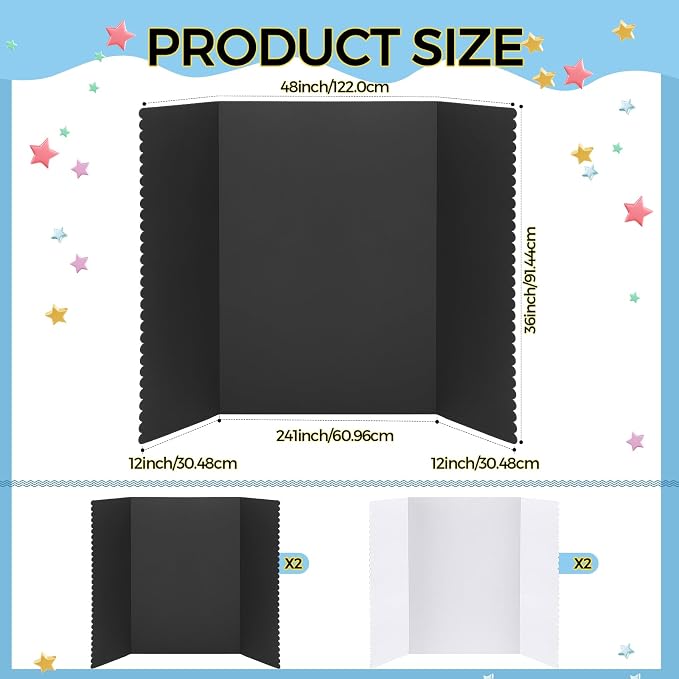 Mooliwe 4 Pack 48" X 36" Black White Trifold Poster Board, Large Tri Fold Boards Foldable Corrugated Presentation Display Scalloped Border for Science Fair, School Projects, Back to School Supplies