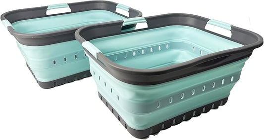 SAMMART 42 (11 Gallons) Collapsible Plastic Laundry Basket, Foldable Pop Up Storage Container/Organizer, Space Saving Hamper, Portable Bin for Dorm Room Bathroom (2, Grey/Lake Green)