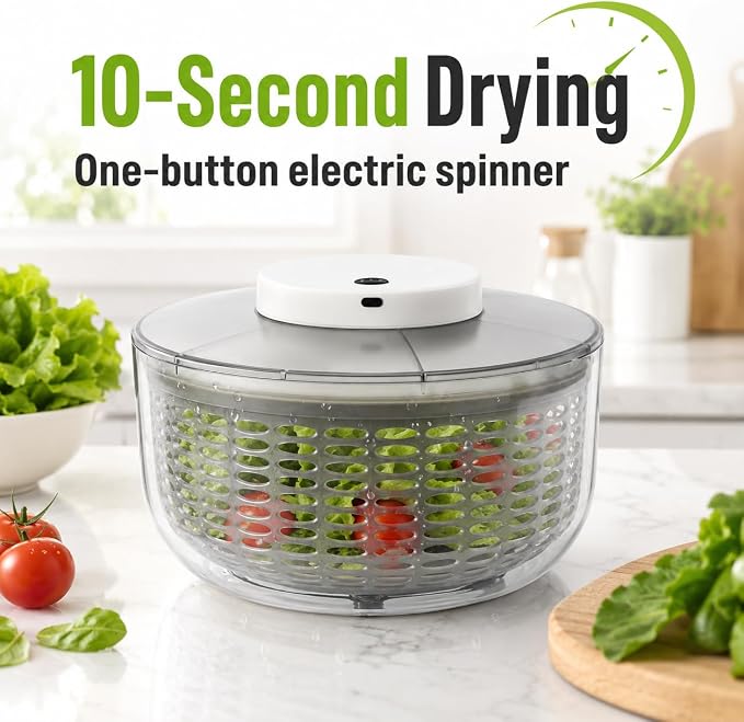 Electric Salad Spinner 6.34 Quart, USB Rechargeable Automatic Lettuce Spinner with One-Button Start, Large Capacity Vegetable Washer and Dryer for Kitchen, Salad Greens, Fruits, Herbs
