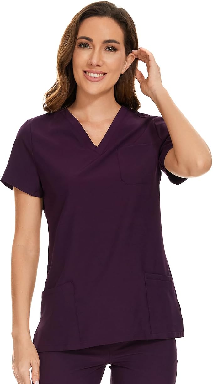 Scrubs Tops for Woman - Soft Stretch, V-Neck Tops | 3 Pockets, Side Split Design, Short Sleeve, Breathable & Lightweight Nursing Shirt, Easy-Care Fabric for All-Day Comfort