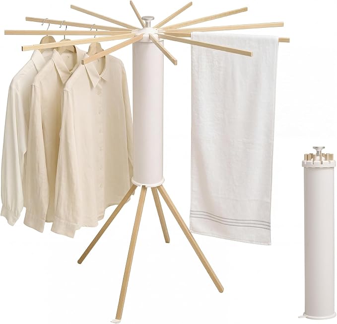 4 Legs Clothes Drying Rack, Foldable Laundry Rack with 12 Rotating Arms, Space-Saving Standing Drying Rack for Indoor/Outdoor, Balcony and Laundry Room
