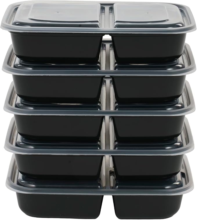 IRIS USA Meal Prep Containers, 36oz - 50 Pack (100-Piece) 2-Compartment Reusable Food Storage Containers with Lids, Plastic Kitchen Food Prep To Go Lunch Box, Microwave Freezer Dishwasher Safe, Black