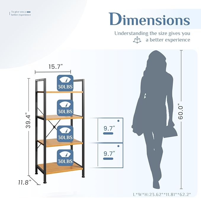 DUMOS 4 Tiers Open Bookshelf, Classic Freestanding Tall Display Shelf, Multifunctional Storage Organizer Rack for Living Room Home Office, Sturdy Bookcase for Books/Movies, Wood | Multifunctional Storage Organizer Rack for Living Room Home Office, Stur...