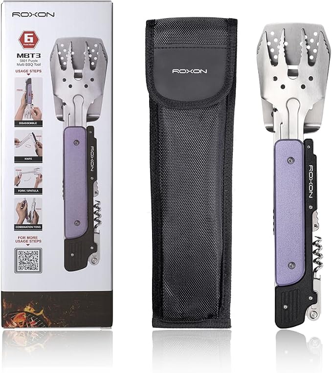 ROXON S601 6-in-1 Folding Grill Tool Set,14"BBQ Utensils for Camping Purple | Includes Fork, Spatula, Knife, Tongs, Bottle Opener & Corkscrew. LFGB Certified, Dishwasher-Safe, Portable for Outdoor BBQ