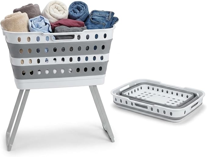 Spark Innovators No Bend Basket, Collapsible Laundry Basket with Legs | Foldable Plastic Laundry Hamper, Durable & Lightweight, Space-Saving Clothes Basket, Ideal for Dorms, Apartments & RVs
