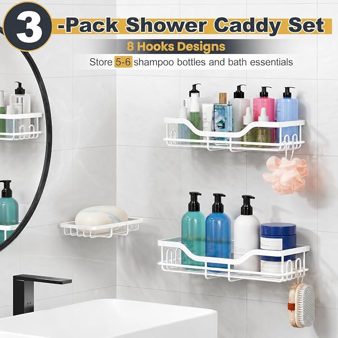 OMAIRA 3-Pack Shower Caddy with Soap Holder, Adhesive Rustproof No-drill Strudy Loading Inside Shower Organizer Shelves Rack Storage Bathroom Organization for Smooth Wall Glass Tile, White