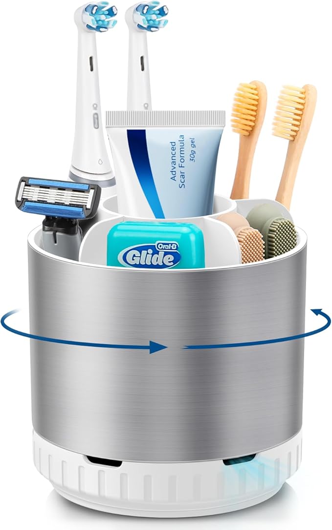 GFWARE Silver Toothbrush Holders for Bathrooms Countertop Organizer - Kids Electric Toothbrush and Toothpaste Holder Rotating Tooth Brush Organization Bathroom Sink Accessories Storage Caddy