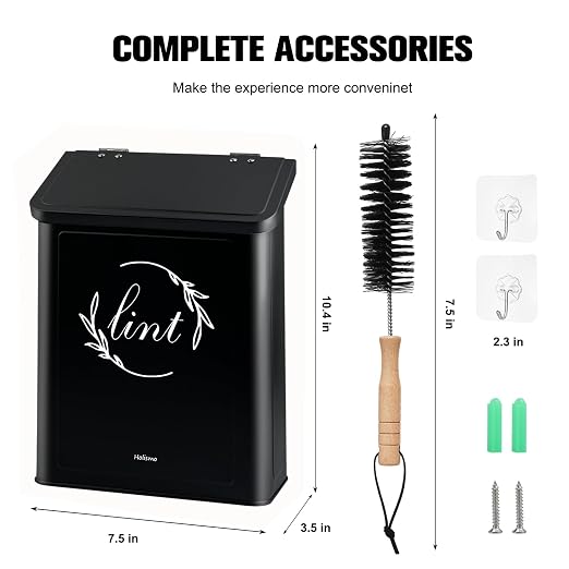Magnetic Lint Bin for Laundry Room, Metal Lint Trash Can for Dryer | Metal construction, magnetic or wall-mounted, includes lint brush, flip lid, space-saving for laundry rooms, black finish