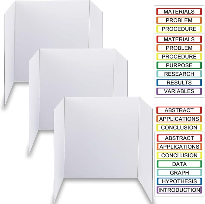Trifold Display Boards with Colorful Self-Adhesive Sheets – 24 x 16 Inch Tri-Fold Corrugated Presentation Boards for Science Fairs, Complete Poster Board Kit