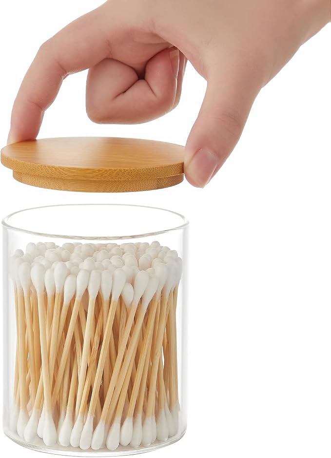 INIUNIK 4 Pack Glass Qtip Holder Dispenser Glass Apothecary Jars with Lids Cotton Ball Swab Pad Holder Bathroom Essential Canisters Accessories Jars for Bathroom Organization Vanity Organizers