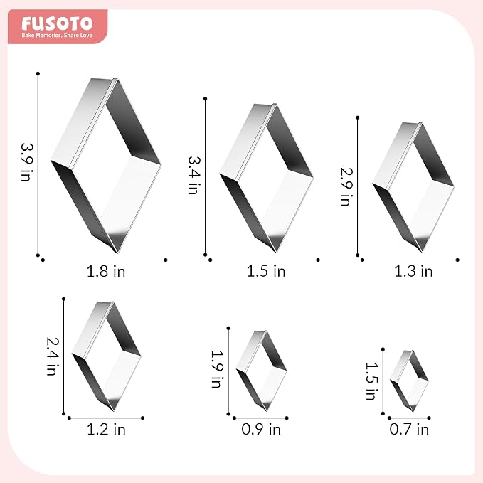 FUSOTO 6PCS Rhombus Cookie Cutters Set, Stainless Steel Kitchen Baking Supplies, for Biscuit, Homemade Cookies, Cake Decorating, Geometric Cookie Cutter, (1.5", 2", 2.5", 3", 3.5", 4"), Rhombus