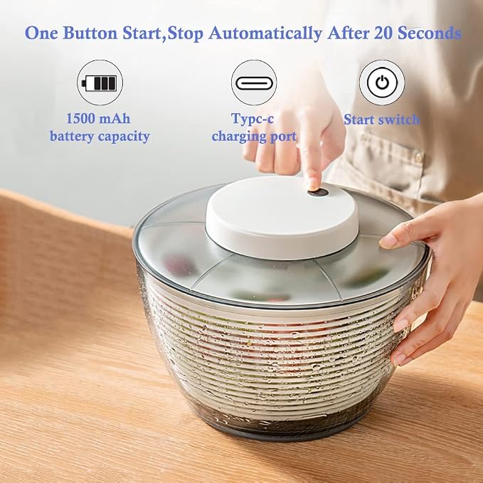 Electric Salad Spinner,4.5L Type-C Rechargeable Lettuce Spinner Automatic Salad Rotator Lettuce Washer and Spinner Dryer for Salad Greens, Lettuce, Fruits and Vegetables (White)