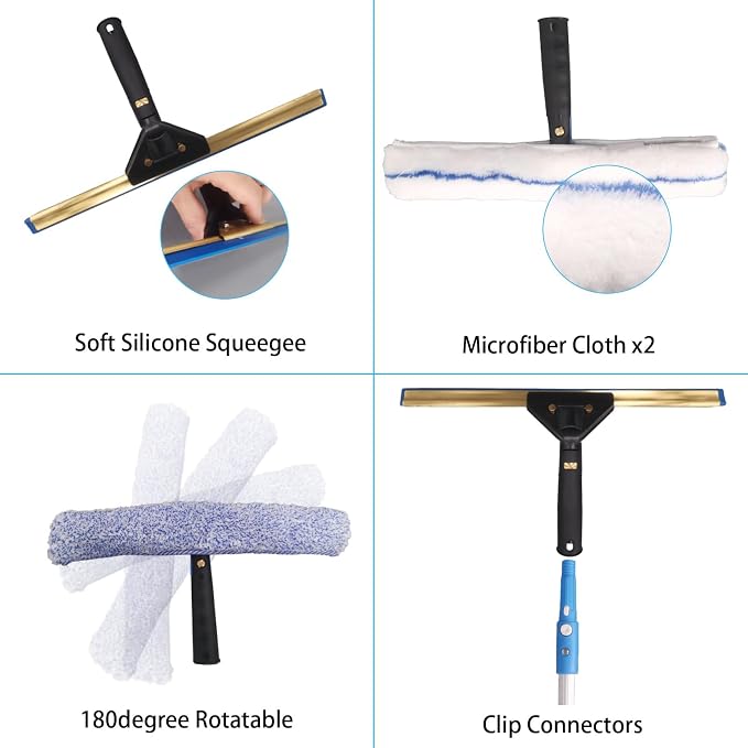 Window Cleaning Kit with Storage Bucket,Window Washing Kit with 4.13Ft Extension Pole,Scrubber,Spray Bottle,Duster Cloth,Squeegee with Rotating Head,Professional Window Cleaning Squeegee Kit