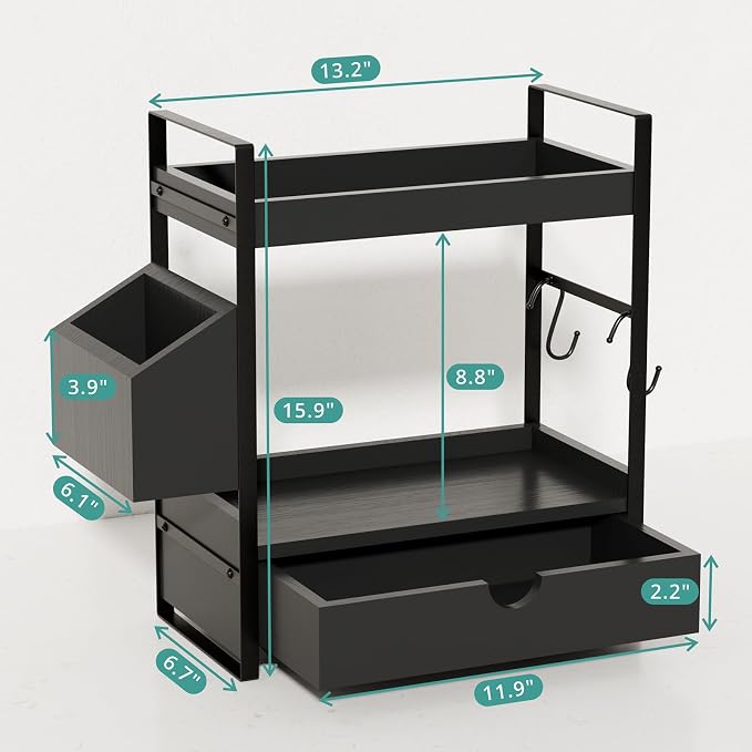 Kottwca 2-Tier Bathroom Counter Organizer with Drawer, Basket & Hooks, Wooden Vanity Shelf for Skincare, Perfume & Makeup Storage(Black)