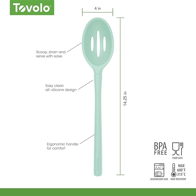 Tovolo Flex Core Silicone Slotted Deep Spoon for Cooking Mixing Baking, Dishwasher Safe BPA Free All Silicone Kitchen Utensil Heat Resistant Nonstick Safe Slotted Serving Spoon, Aqua Seafoam Green