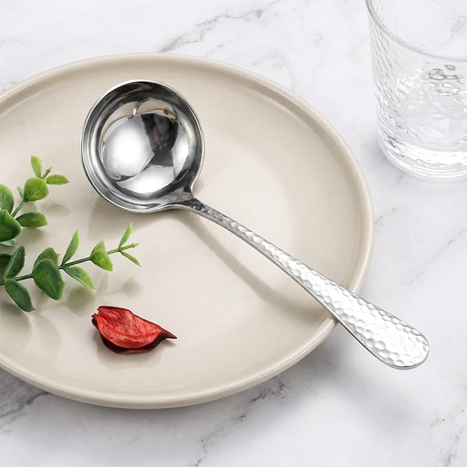7.3 Inch Silver Small Ladle, Stainless Steel Gravy Soup Spoon, Hammered Gravy Ladle, Sauce Ladles, Cooking Ladles for Serving Soup, Sauces, Gravies
