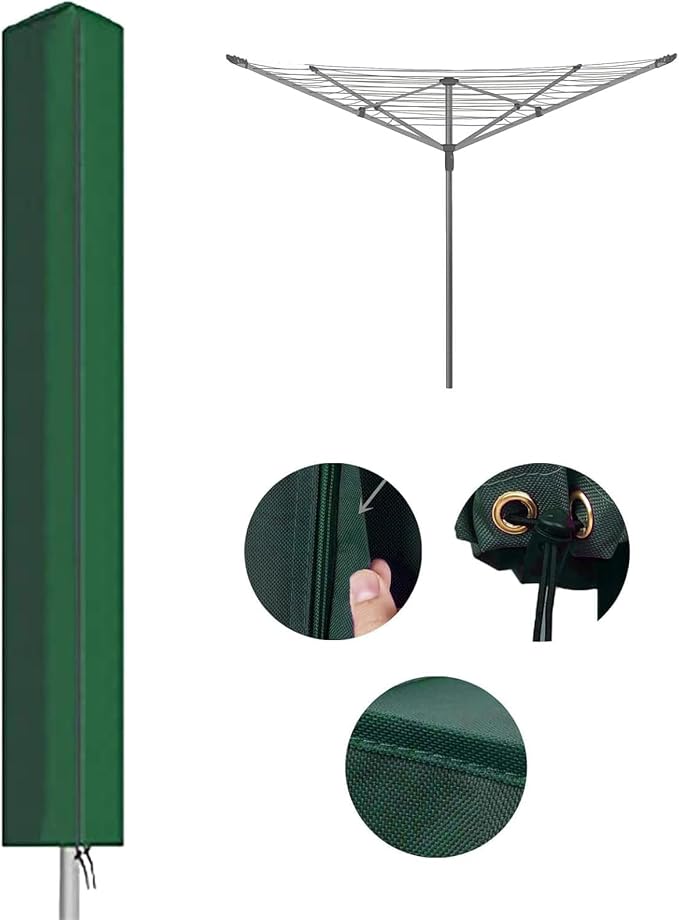 Rotary Airer Cover, Clothes Washing Line 420D Oxford Waterproof Windproof UV-Resistant & Non-Slip Lining Dryer Umbrella Parasol Protective Zips, for Garden All Rotaries (Green,160 * 15 * 15cm)