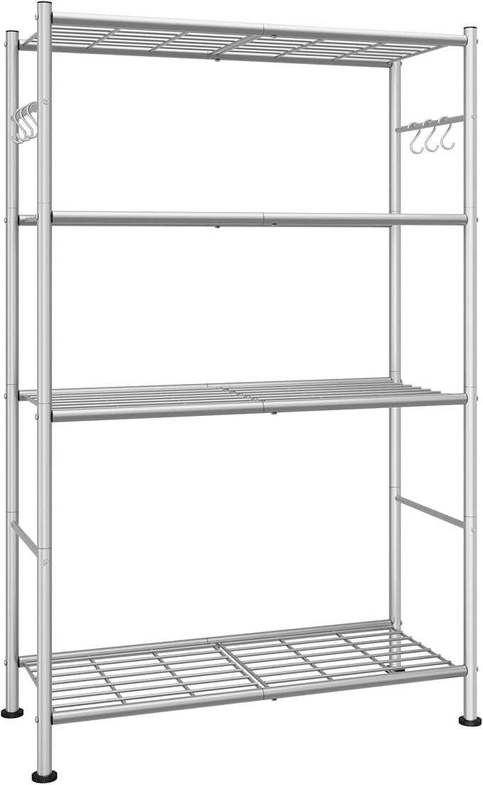 Sakugi Storage Shelves - 4-Tier Spacious Shelf Organizer with Hooks & Leveling Feet, Easy to Assemble, Rust-Resistant Garage Shelving for Kitchen, Pantry, Bedroom, 33.2" x 12.7" x 57.3", Sliver