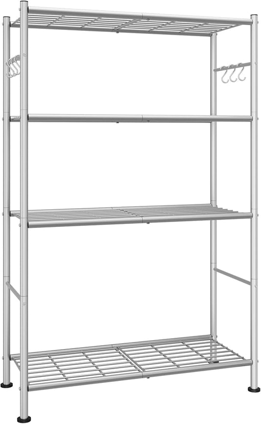 Sakugi Storage Shelves - 4-Tier Spacious Shelf Organizer with Hooks & Leveling Feet, Easy to Assemble, Rust-Resistant Garage Shelving for Kitchen, Pantry, Bedroom, 33.2" x 12.7" x 57.3", Sliver