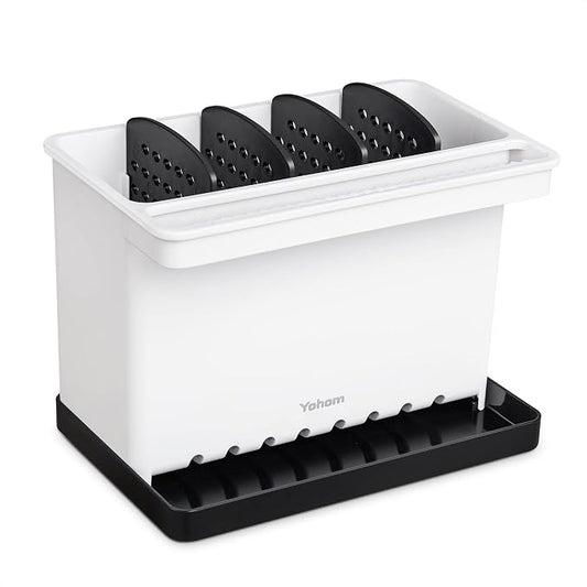 YOHOM Kitchen Sponge Brush Holder for Sink Black Dish Sponge Caddy Countertop Organizer Plastic Scrub Brush Holder with Dividers