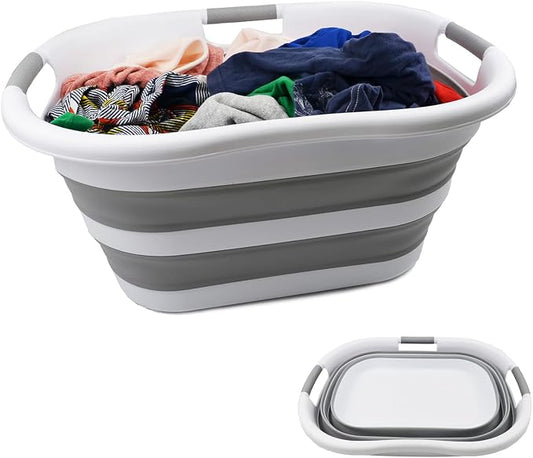 SAMMART 40L (10.5 gallon) Collapsible Plastic Laundry Basket - Foldable Pop Up Storage Container/Organizer - Portable Washing Tub - Space Saving Hamper/Basket (1, White/Grey)